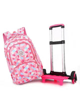 Rolling school backpack with pink geometric print, telescoping handle, and wheels