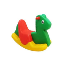 Horse-shaped rocking toy with green horse body, red seat, and yellow base