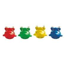 Collection of plastic baskets in red, green, yellow, and blue with handle prongs