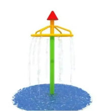 Water rocket fountain with red cone top, green pole and wide blue water spray base