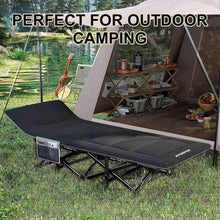 Dark folding camping cot with steel frame, black mattress pad, and storage case