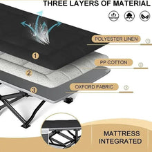 Folding camping cot mattress cross-section showing multi-layer padding and frame