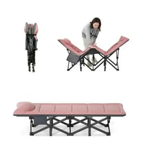 Pink folding camping cot with cushioned mattress, plus folded cot and legs