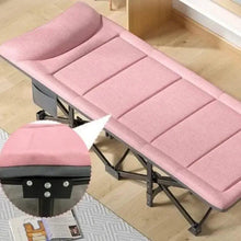 Pink folding camping cot mattress with segmented top padding and metal support frame