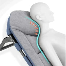 Gray cushioned lounge chair on folding frame with head support and padded back