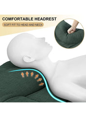 Comfortable sleeping cot with pad and pillow featuring a soft fit headrest for head and neck support