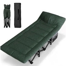 Dark green sleeping cot with padded mattress and built-in headrest pillow