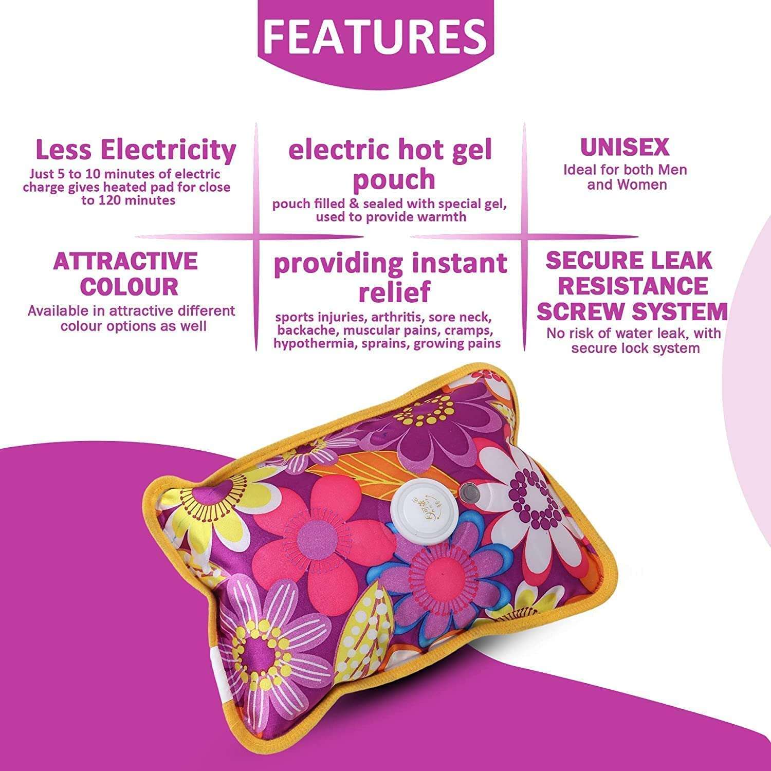 Black Olive floral electric hot water bag for pain relief with screw cap and rechargeable gel pouch