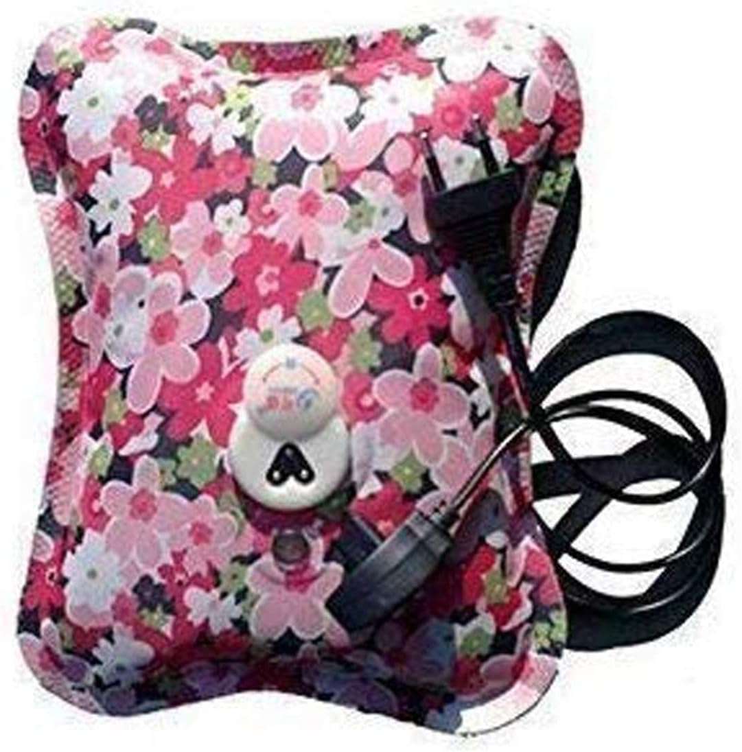 Pink floral electric hot water bag for pain relief with corded plug and adjustable strap by Black Olive
