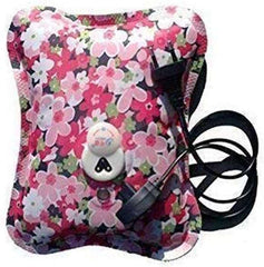 Pink floral electric hot water bag for pain relief with corded plug and adjustable strap by Black Olive