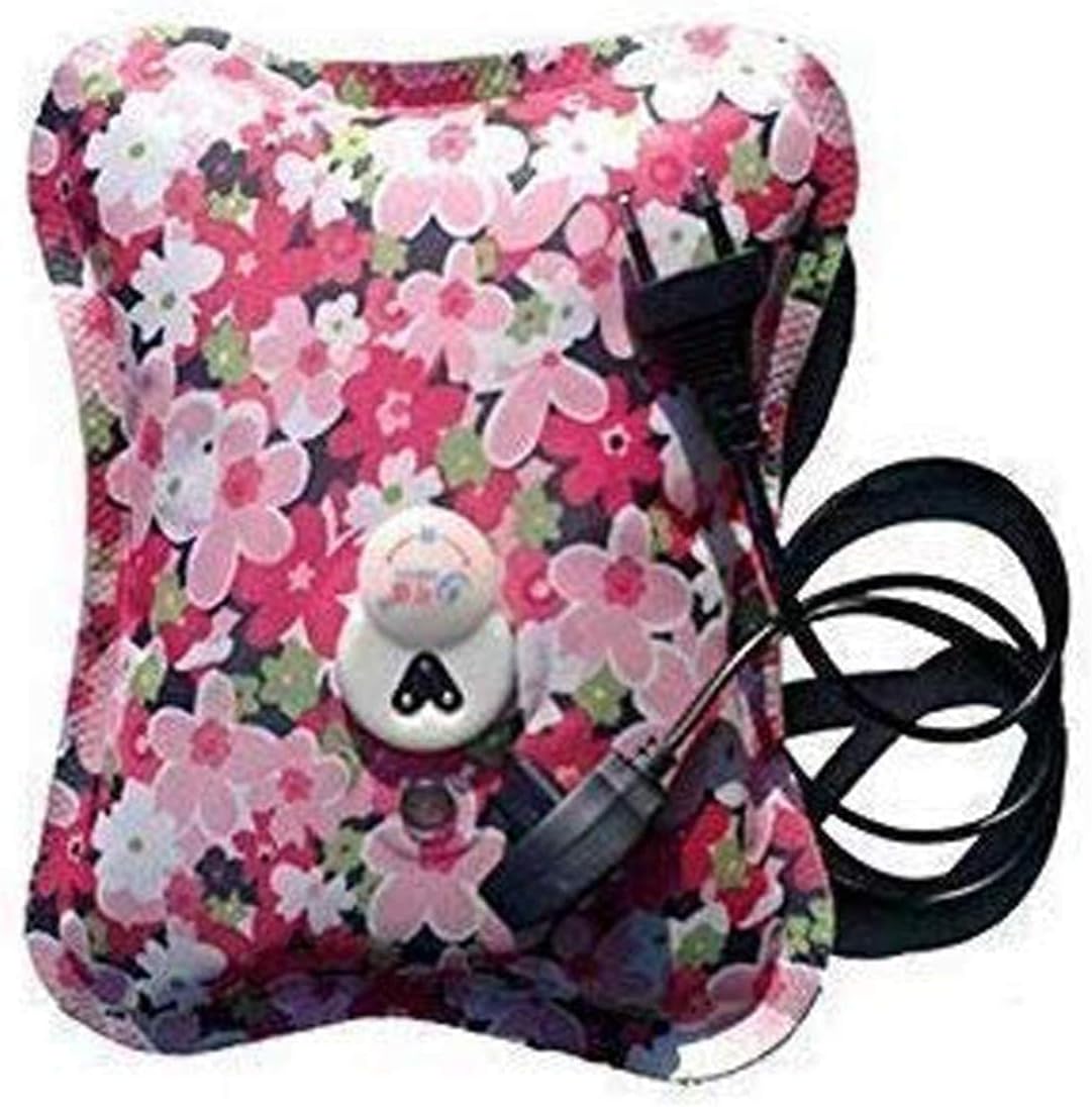 Pink floral electric hot water bag for pain relief with corded plug and adjustable strap by Black Olive