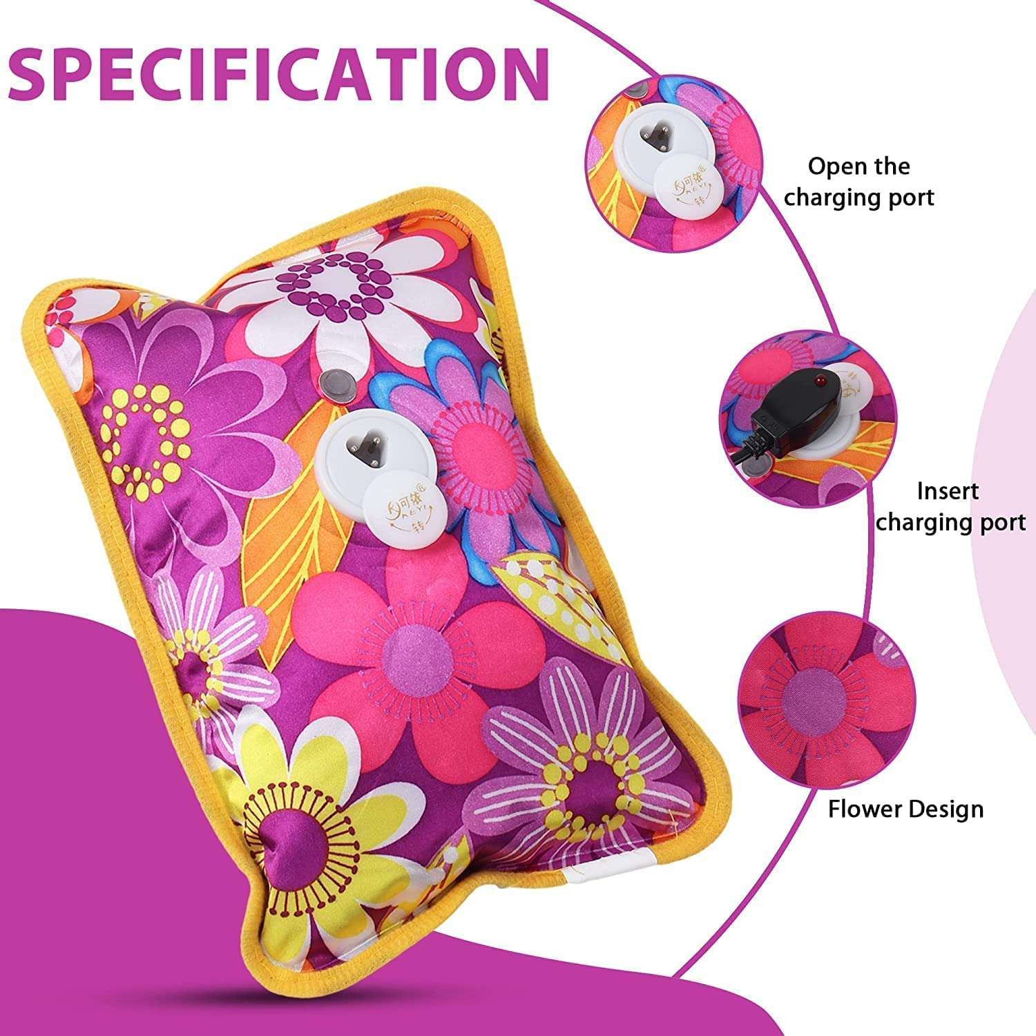 Black Olive floral rechargeable electric hot water bag for pain relief with charging port and flower design