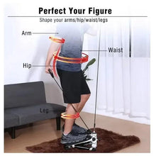 Fitness stepper with black pedals and resistance rope handles during a step exercise