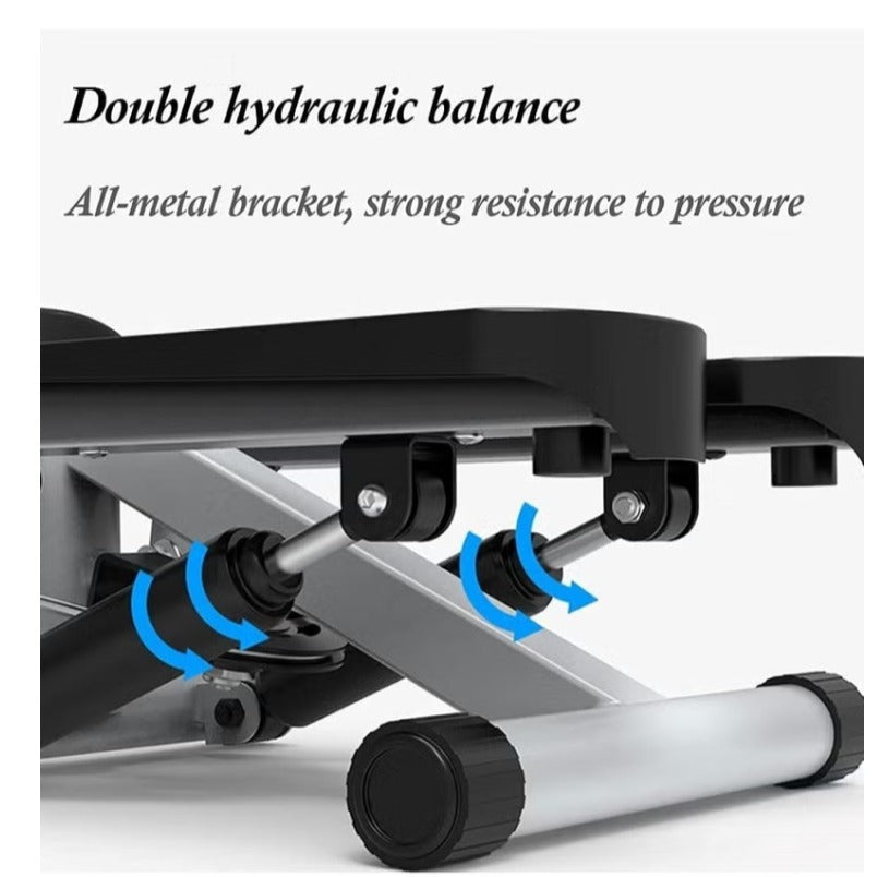 Close-up of compact fitness stepper with LCD display showing double hydraulic balance and metal bracket