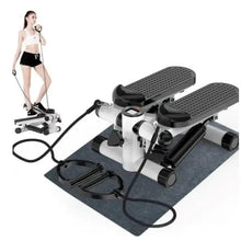 Fitness stepper with black pedals, arm bar, and resistance bands with handles