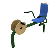 T-Fitness compact full-body workout machine, blue padded seat on green supports