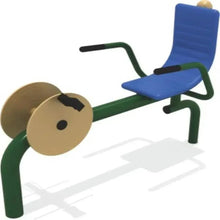 T-Fitness compact full-body workout machine, close view of blue seat and weight wheel