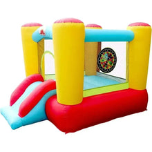 Inflatable bounce house with slide and basketball hoop, yellow posts and blue jumping deck