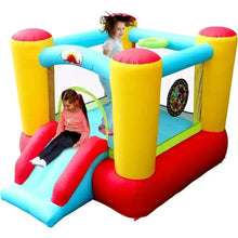 Inflatable bounce house with slide, basketball hoop, blue/yellow/red play area for kids