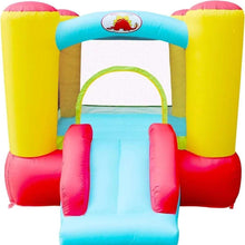 Inflatable bounce house entrance with slide, blue frame and yellow side pillars