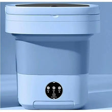 Blue compact laundry washer with front control dial and rounded base