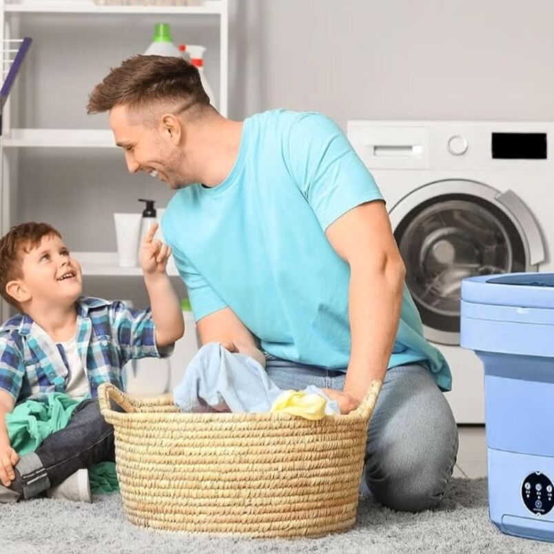 Huitich compact laundry washer for apartments with a father and son doing laundry together