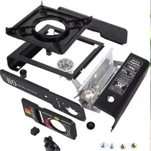 Portable gas stove with burner grate and parts, black stove body and accessories kit