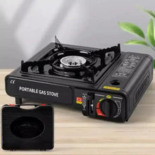 Portable gas stove with attached black carrying case and single burner, dark controls
