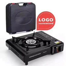 Portable gas stove with closed black carrying case and burner assembly, dark finish
