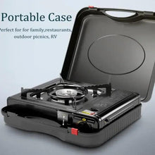 Portable gas stove in open carrying case, showing single burner grate and control panel
