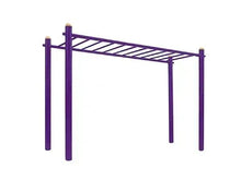 Toddler slide and swing set frame with purple posts and top bar