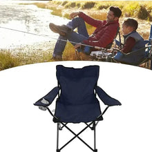 Navy folding camping chair with armrests and black steel X-frame, side mesh pocket