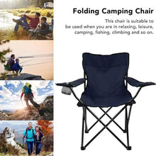 Navy folding camping chair with armrests, black steel frame, and side mesh pocket