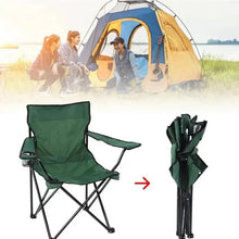 Green folding camping chair shown open and folded with carry bag