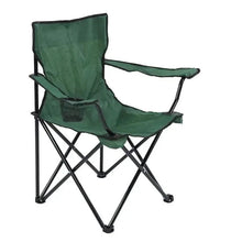 Green folding camping chair with armrests, black steel frame, and mesh side pocket