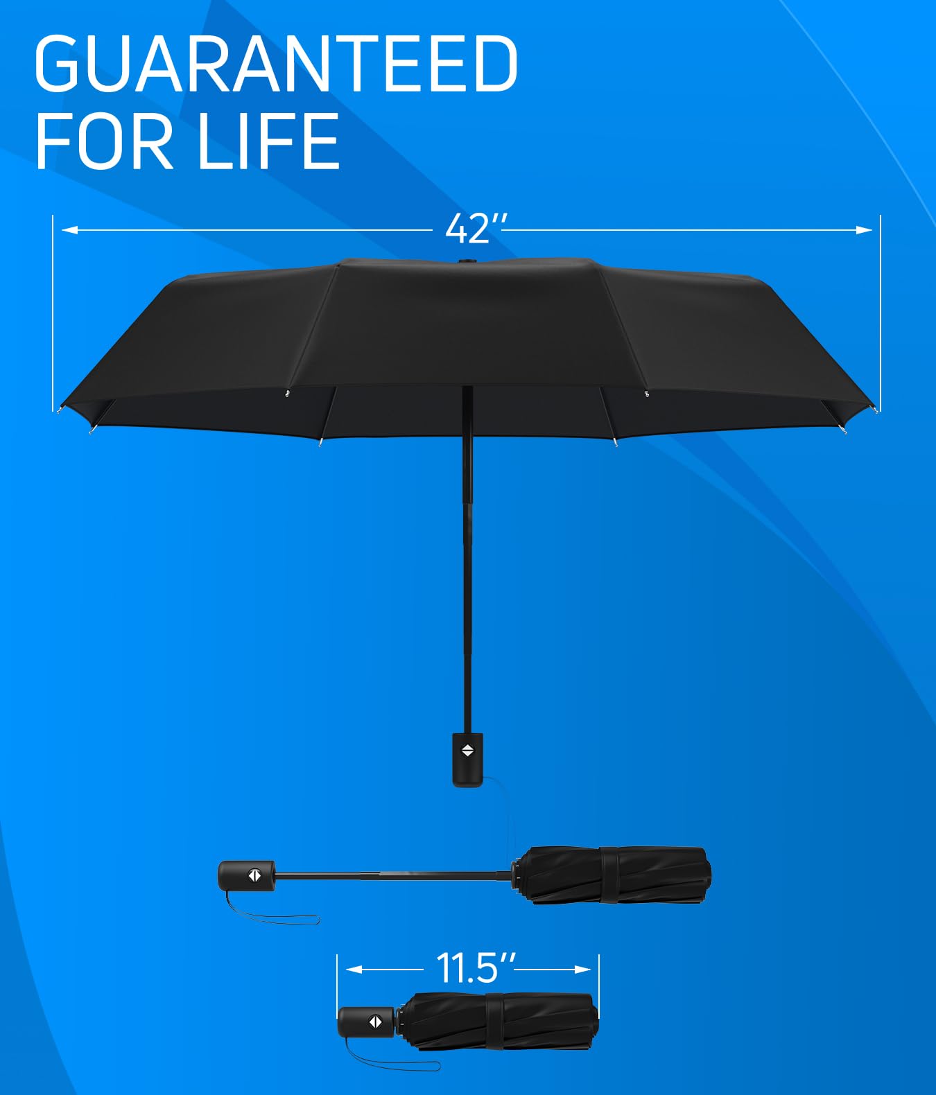 Rain-Mate compact travel umbrella in black with 42 inch coverage and guaranteed for life