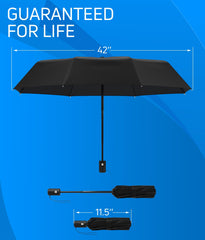 Rain-Mate compact travel umbrella in black with 42 inch coverage and guaranteed for life