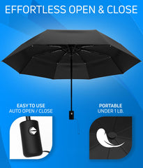 Rain-Mate black compact travel umbrella with auto open and close feature, lightweight under 1 pound