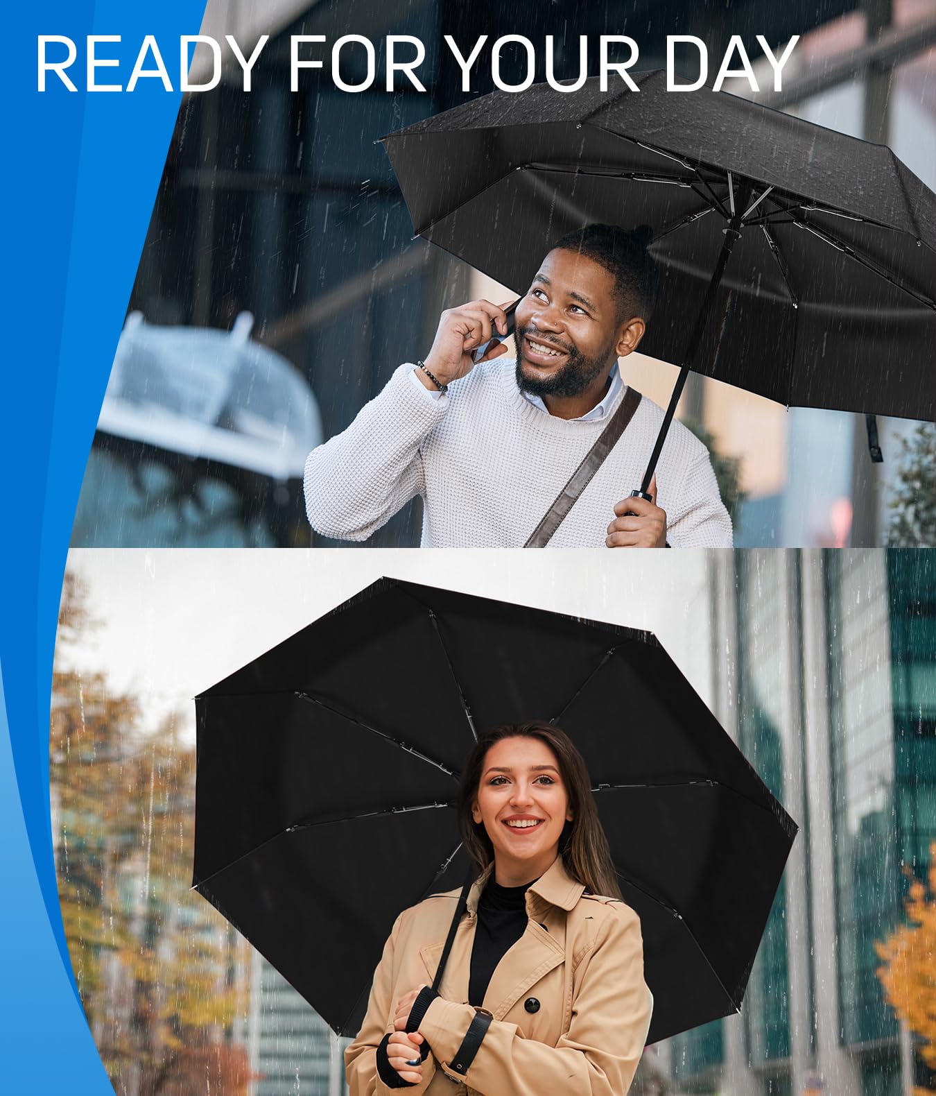 Rain-Mate compact travel umbrella in black used by man and woman in rain on city streets