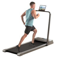 Huitich compact treadmill with tablet holder featuring a man running on the treadmill