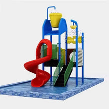 Kids water playset with red spiral slide, green climbing wall, yellow water bucket, blue posts