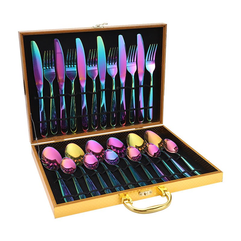 Huitich modern rainbow spoon fork knife set with vibrant rainbow finish in wooden storage case
