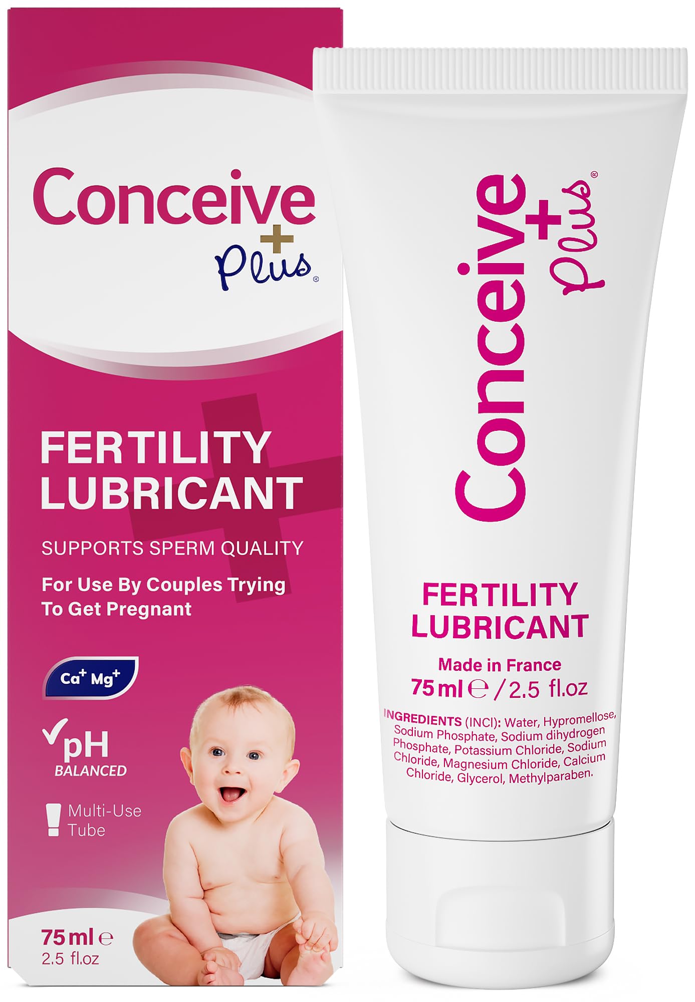 Conceive Plus fertility lubricant for conception 75ml white and pink tube and box with baby image