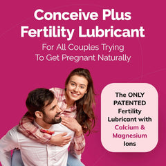 Conceive Plus fertility lubricant for conception ad image with smiling couple and product claims on pink background
