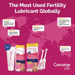 Conceive Plus fertility lubricant for conception packaging with tubes applicators baby image and world map background