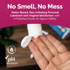 Hand dispensing clear gel from bottle of water based fertility lubricant for conception pH balanced no smell no mess