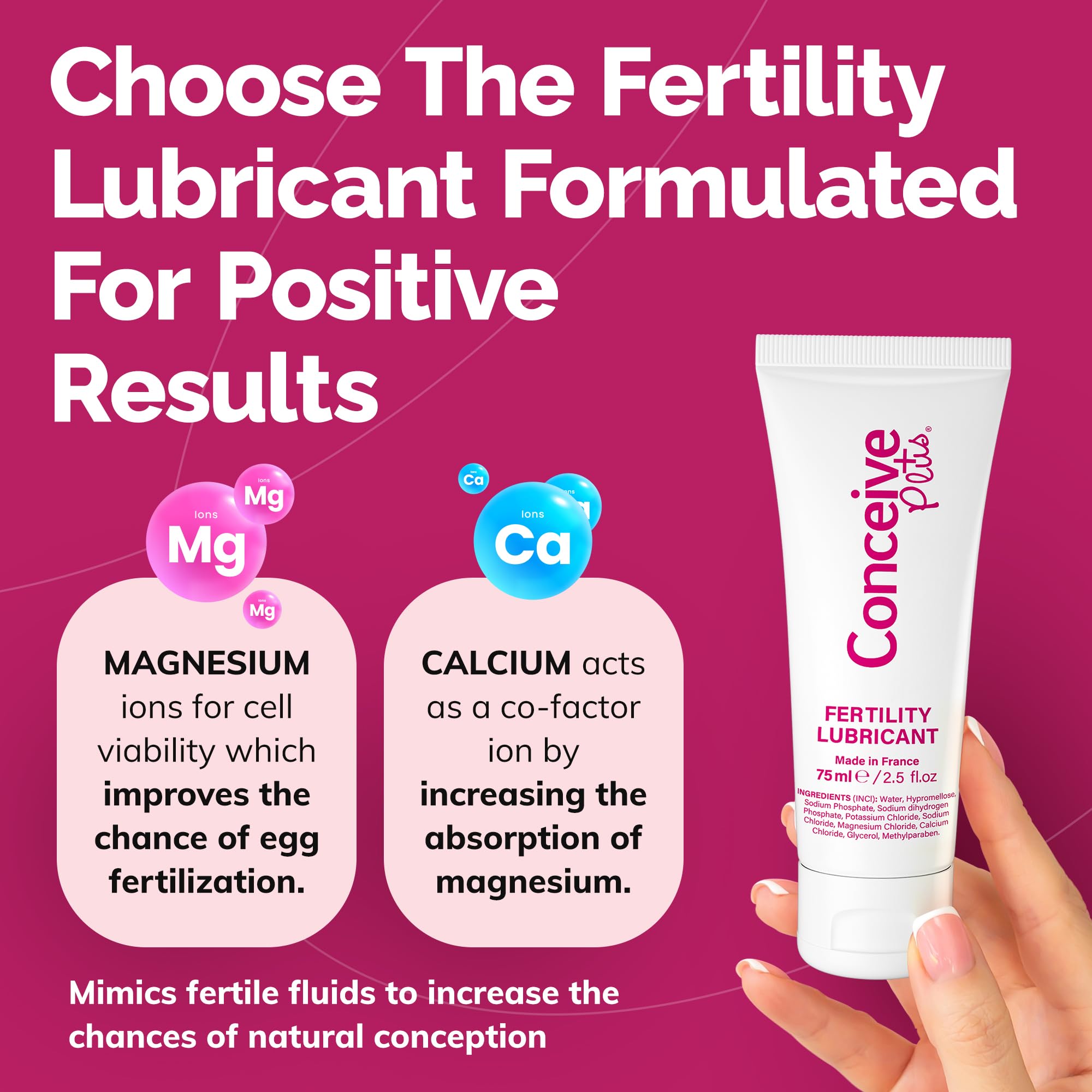 Conceive Plus tube held in hand on pink background with magnesium and calcium icons fertility lubricant for conception