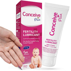 Conceive Plus fertility lubricant for conception tube and box in pink white packaging with baby image