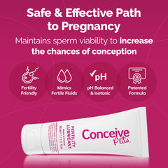 Conceive Plus tube on pink background displaying benefits and icons for fertility lubricant for conception