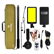 LED camping lantern kit with yellow panel, control box, remote, cables, and charger